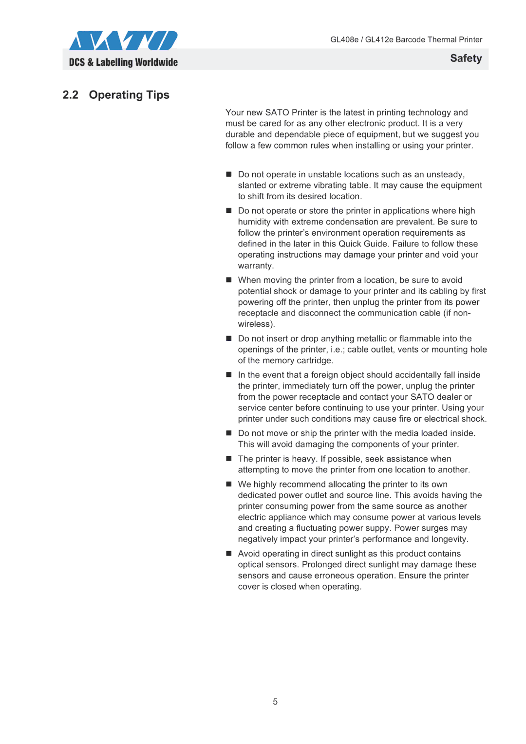 SATO GL408e / GL412e quick start Operating Tips 