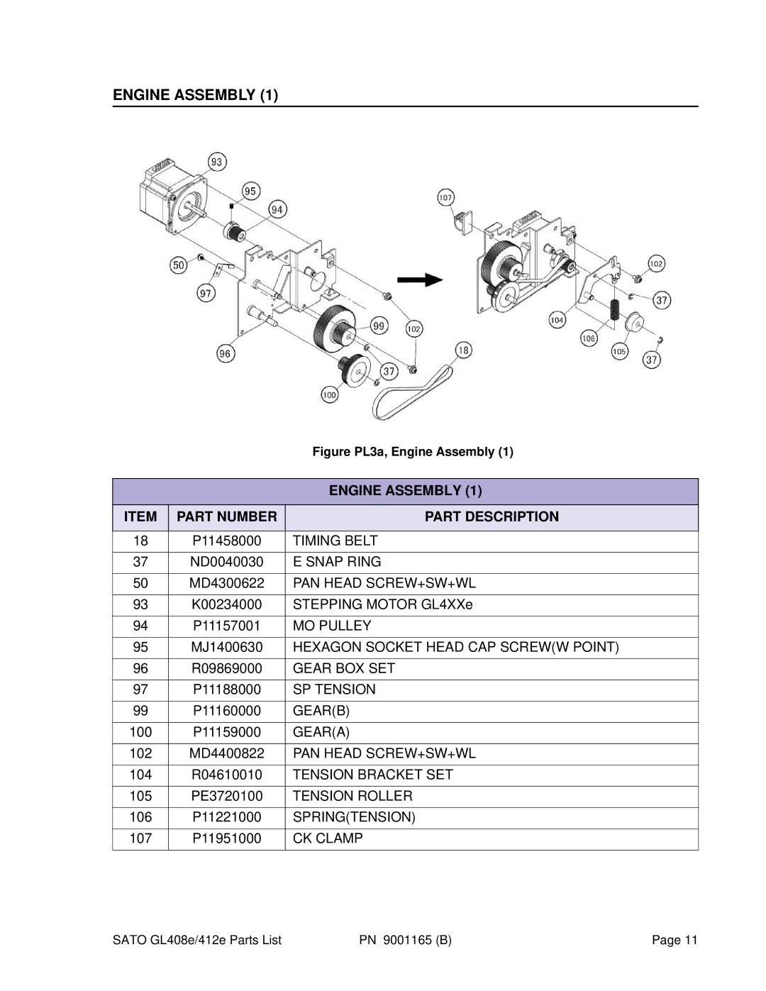 SATO GL408e, GL412e manual Figure PL3a, Engine Assembly 