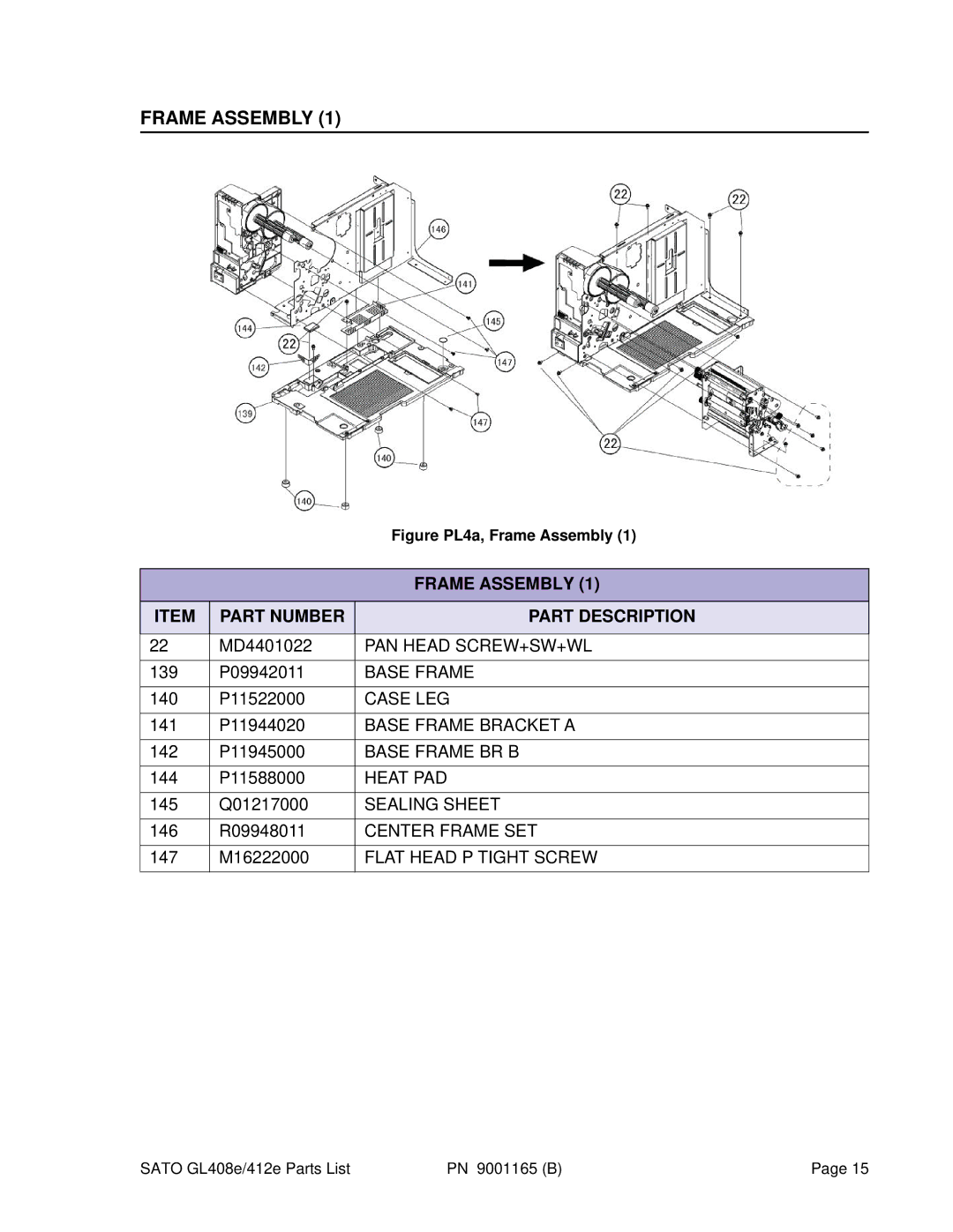 SATO GL408e, GL412e manual Figure PL4a, Frame Assembly 