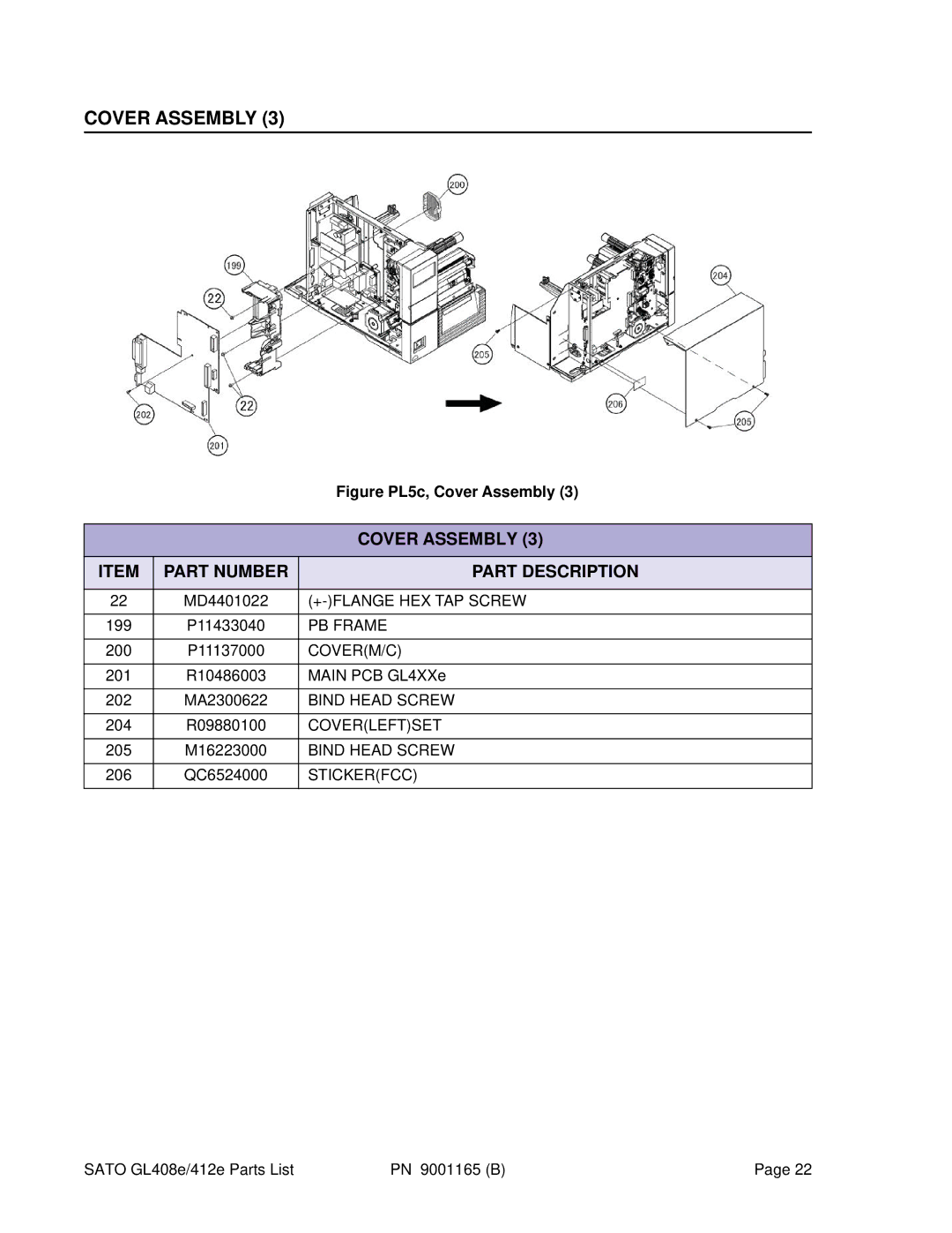 SATO GL412e, GL408e manual Figure PL5c, Cover Assembly 