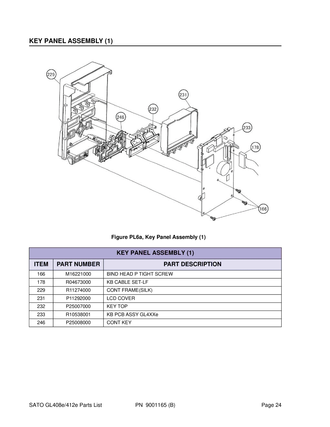 SATO GL412e, GL408e manual KEY Panel Assembly, Figure PL6a, Key Panel Assembly 