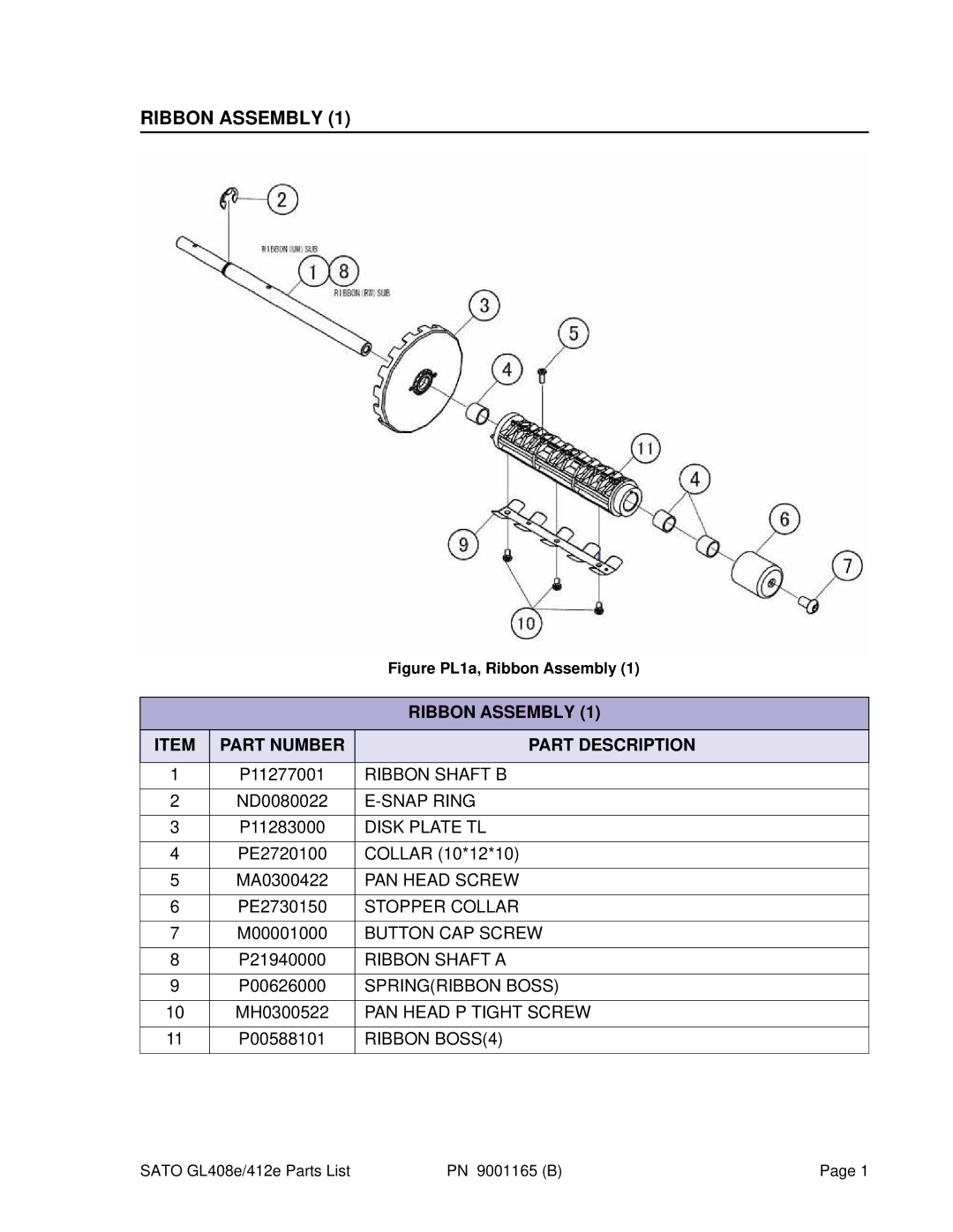 SATO GL408e, GL412e manual Ribbon Assembly, Part Number Part Description 