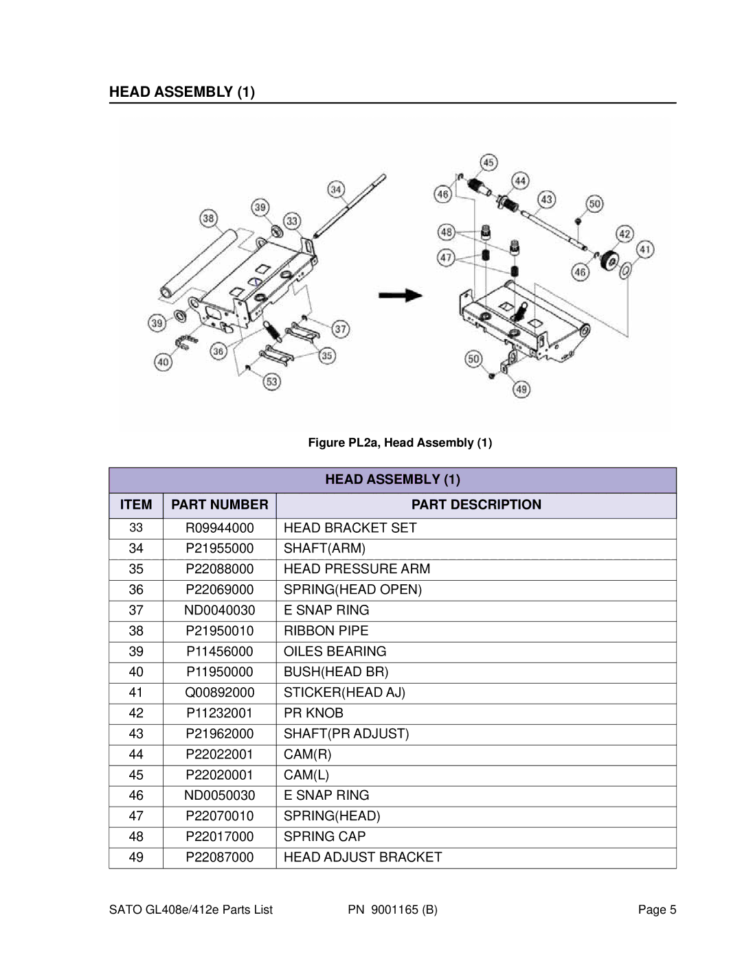 SATO GL408e, GL412e manual Head Assembly Part Number Part Description 