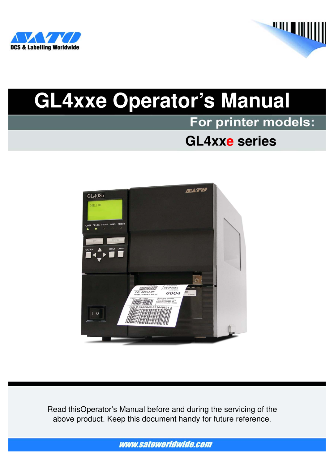 SATO GL4XXE manual GL4xxe Operator’s Manual, GL4xxe series 