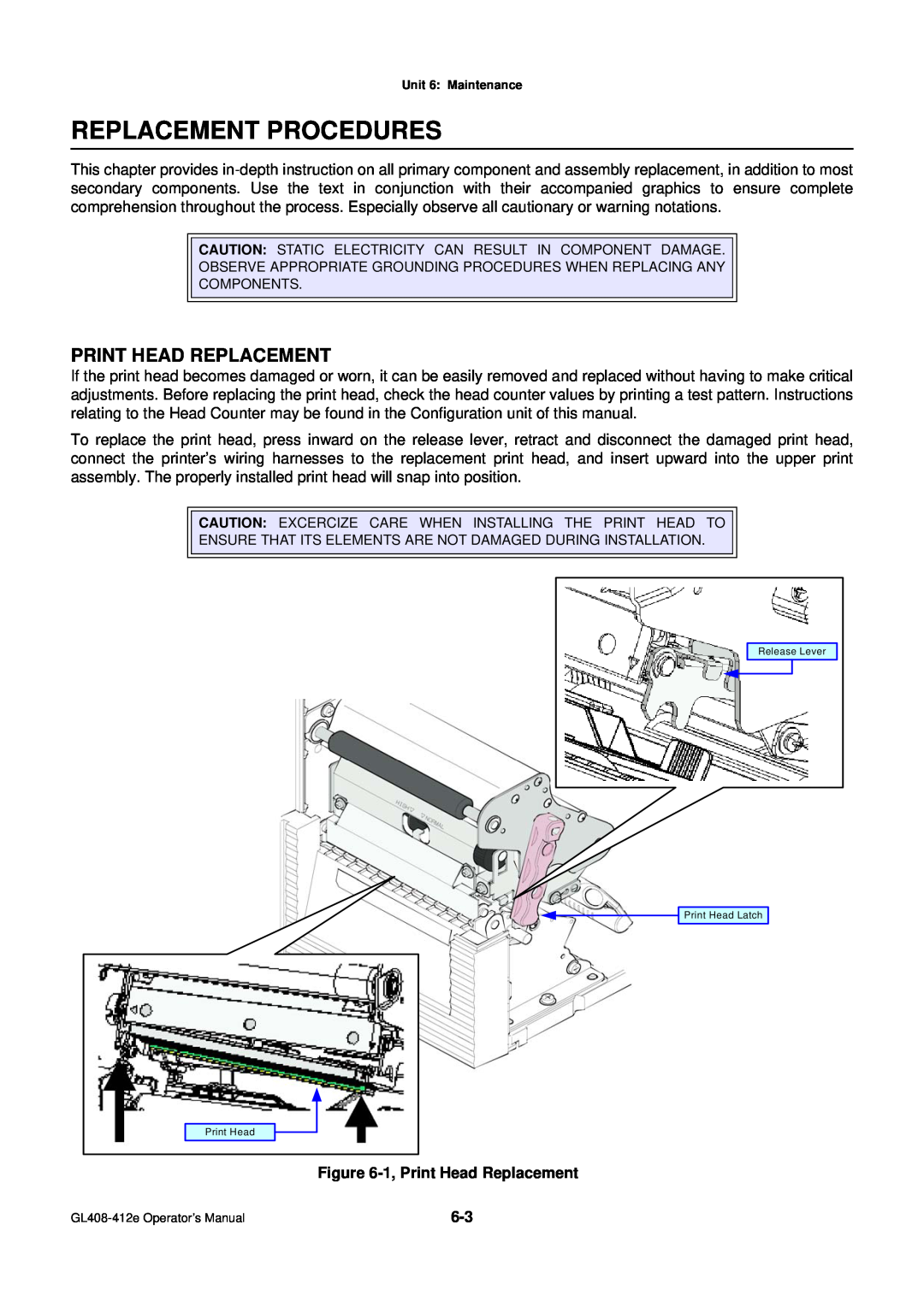 SATO GL4XXE manual Replacement Procedures, Print Head Replacement 