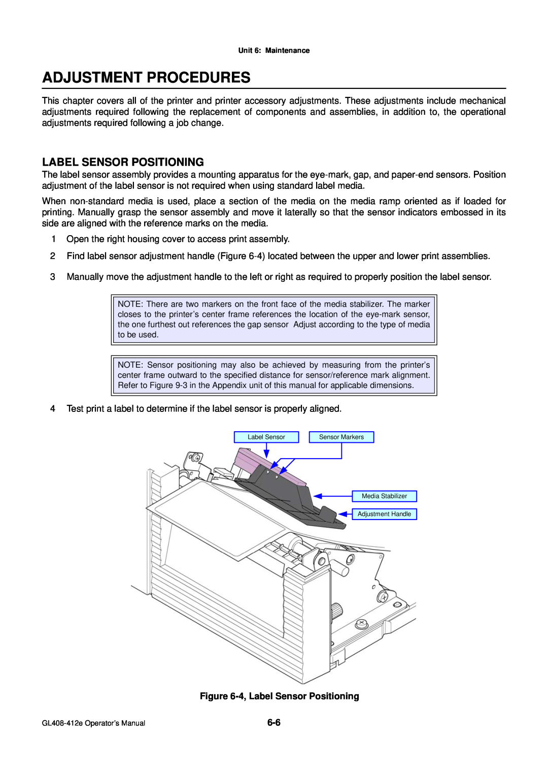 SATO GL4XXE manual Adjustment Procedures, Label Sensor Positioning 