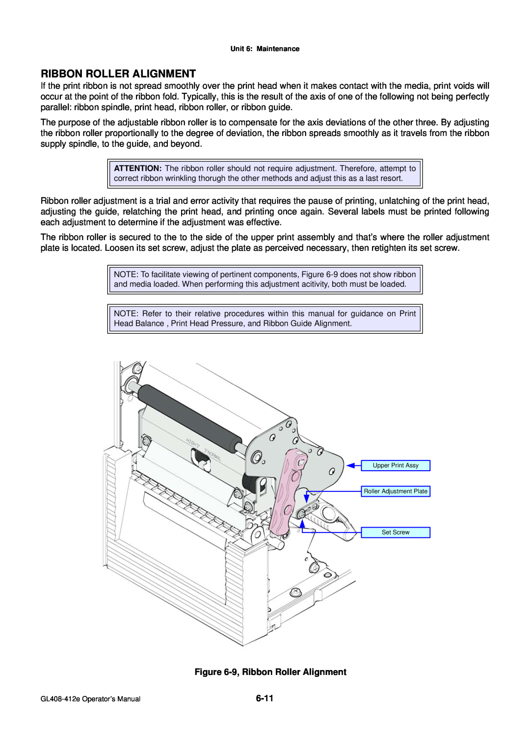 SATO GL4XXE manual 9, Ribbon Roller Alignment 6-11 