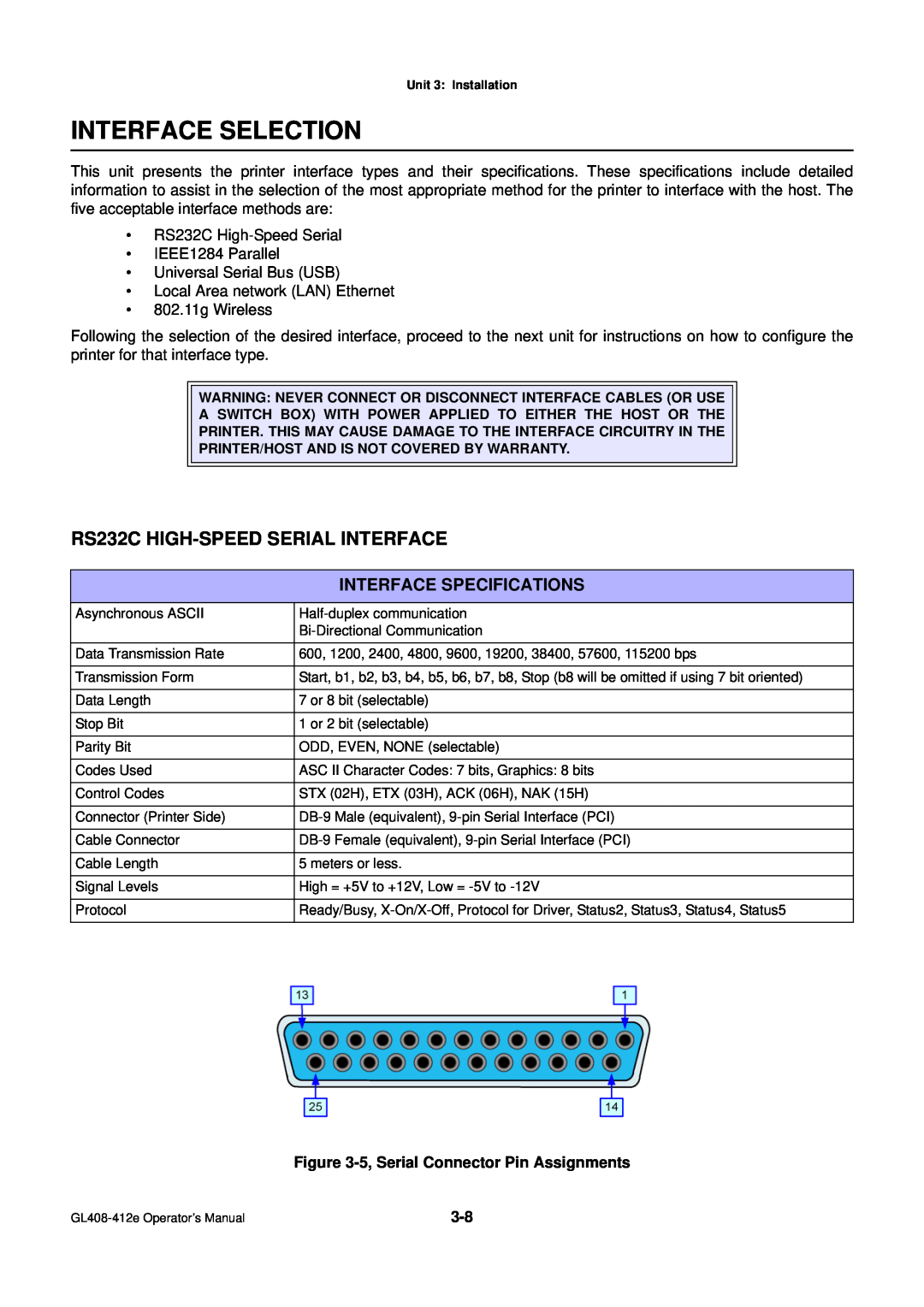 SATO GL4XXE manual Interface Selection, RS232C HIGH-SPEED SERIAL INTERFACE, Interface Specifications 