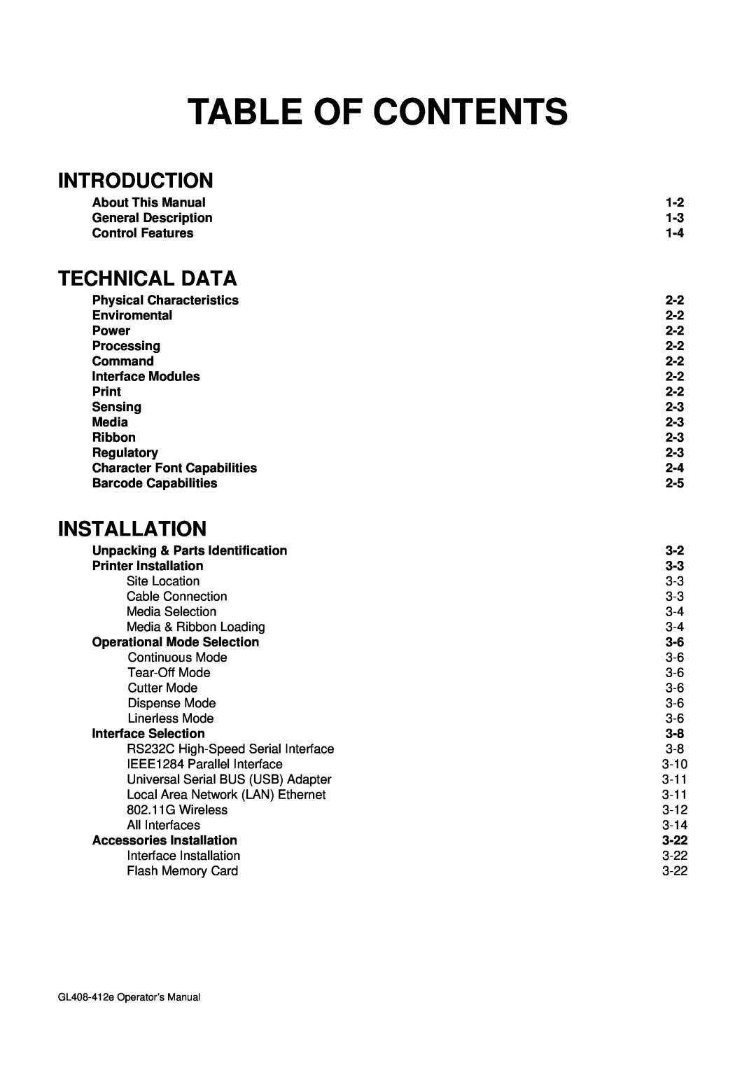 SATO GL4XXE manual Introduction, Technical Data, Installation, Table Of Contents 