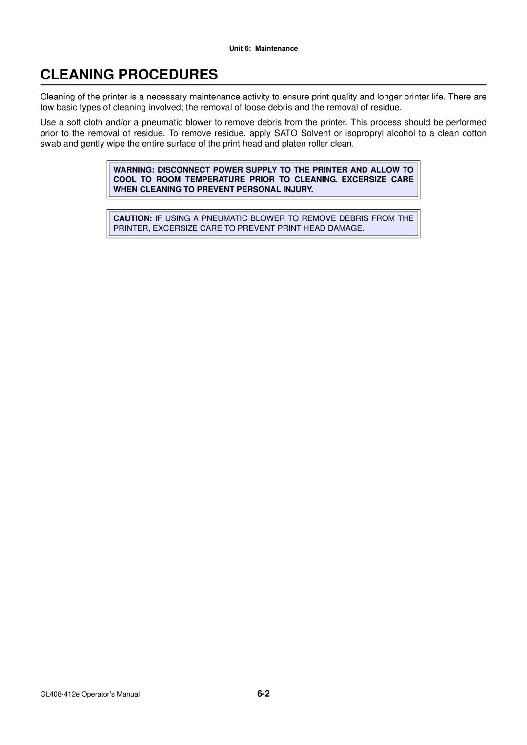 SATO GL4XXE manual Cleaning Procedures 