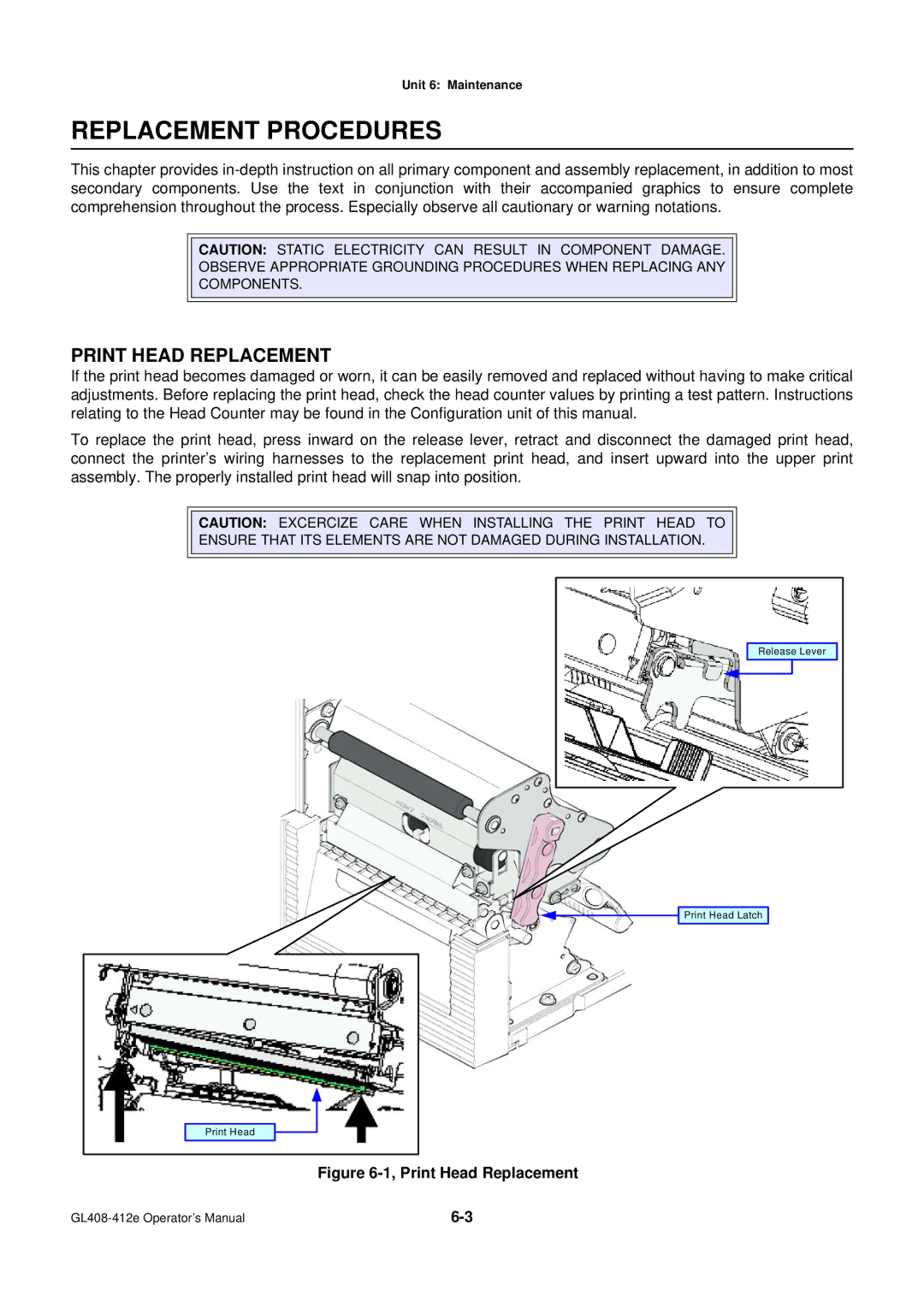 SATO GL4XXE manual Replacement Procedures, Print Head Replacement 