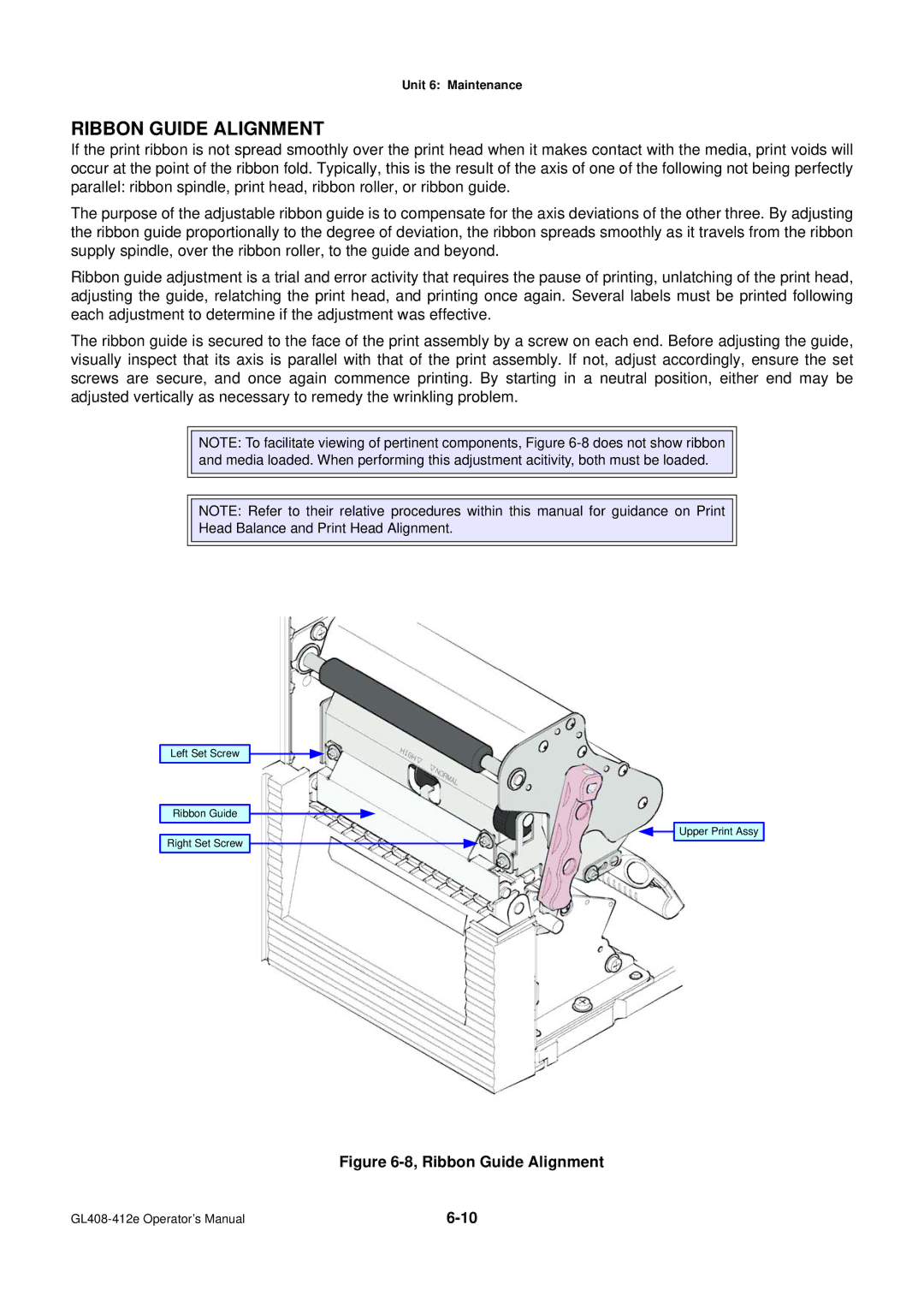 SATO GL4XXE manual Ribbon Guide Alignment, Head Balance and Print Head Alignment 