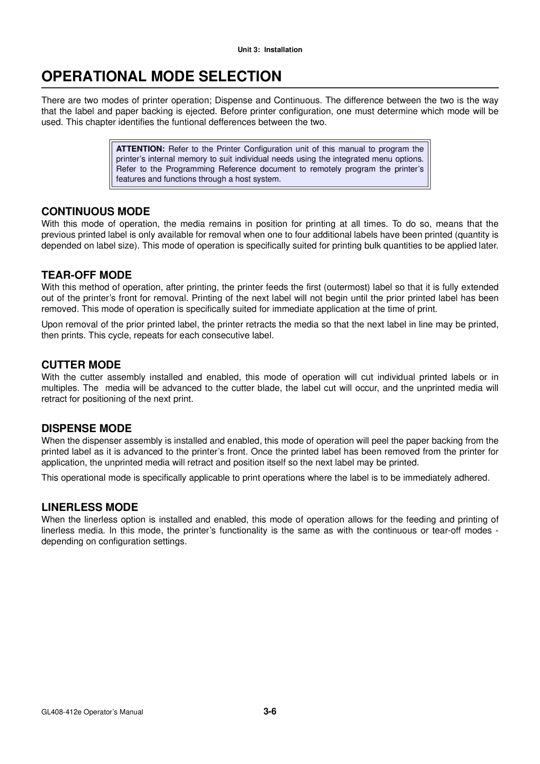 SATO GL4XXE manual Operational Mode Selection 