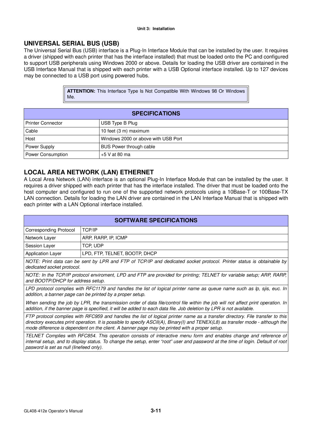 SATO GL4XXE manual Universal Serial BUS USB, Local Area Network LAN Ethernet, Software Specifications 