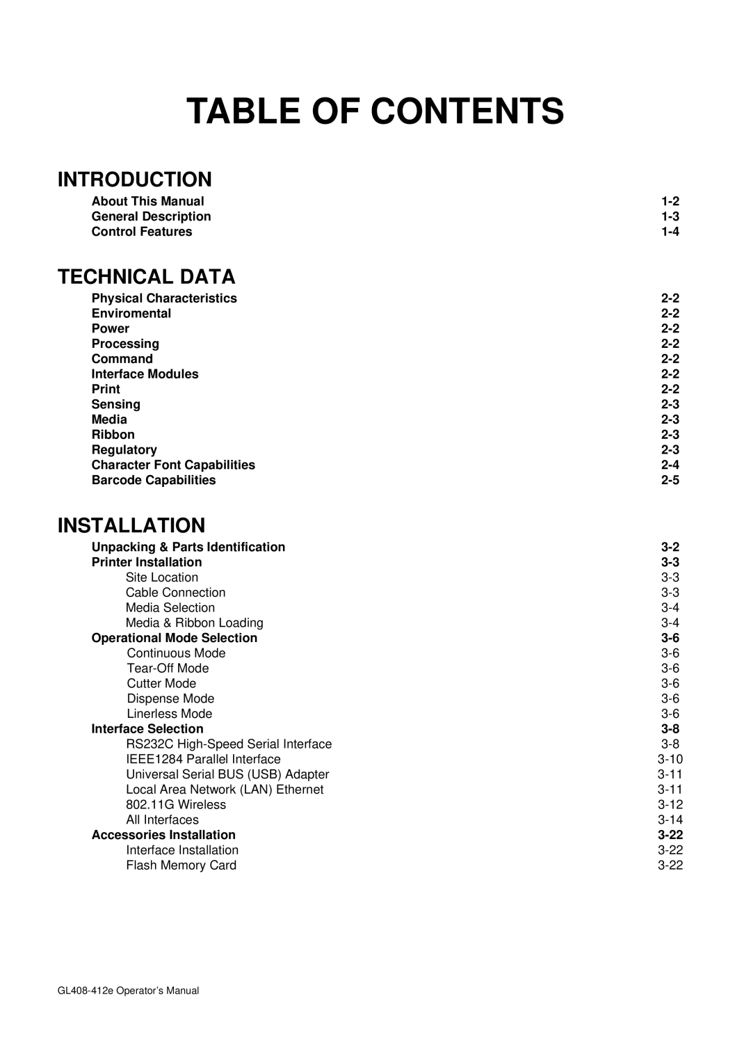 SATO GL4XXE manual Table of Contents 