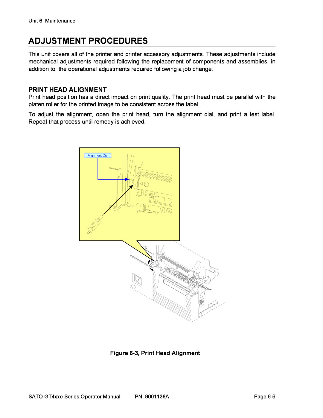 SATO GT408, GT 424e, GT 410 manual Adjustment Procedures, 3, Print Head Alignment 