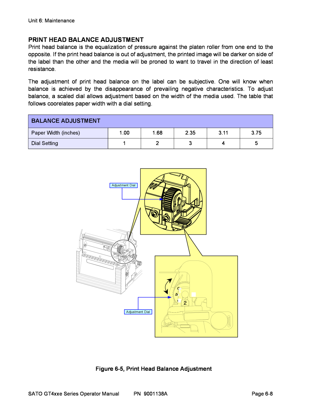 SATO GT 424e, GT408, GT 410 manual 5, Print Head Balance Adjustment 