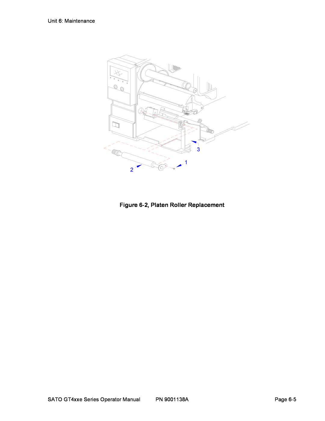 SATO GT 424e manual 2, Platen Roller Replacement, Unit 6 Maintenance, SATO GT4xxe Series Operator Manual, PN 9001138A, Page 