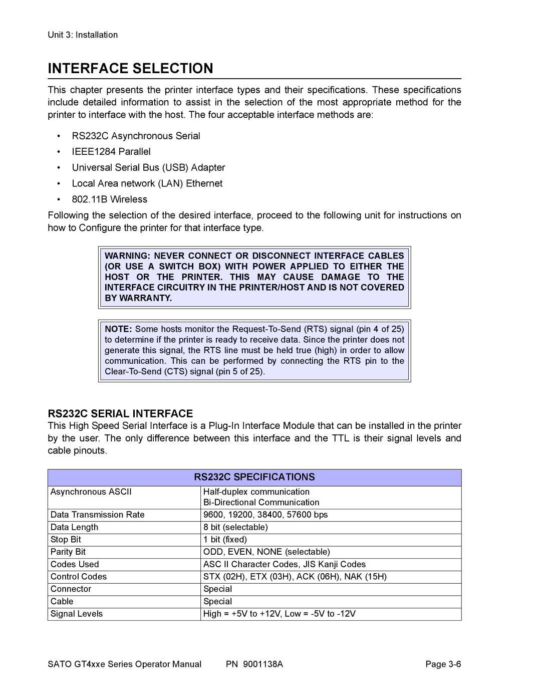 SATO GT 410, GT 424e, GT408 manual Interface Selection, RS232C Serial Interface, RS232C Specifications 