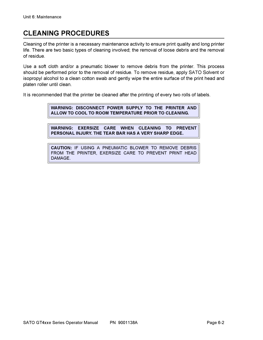 SATO GT 424e, GT408, GT 410 manual Cleaning Procedures 