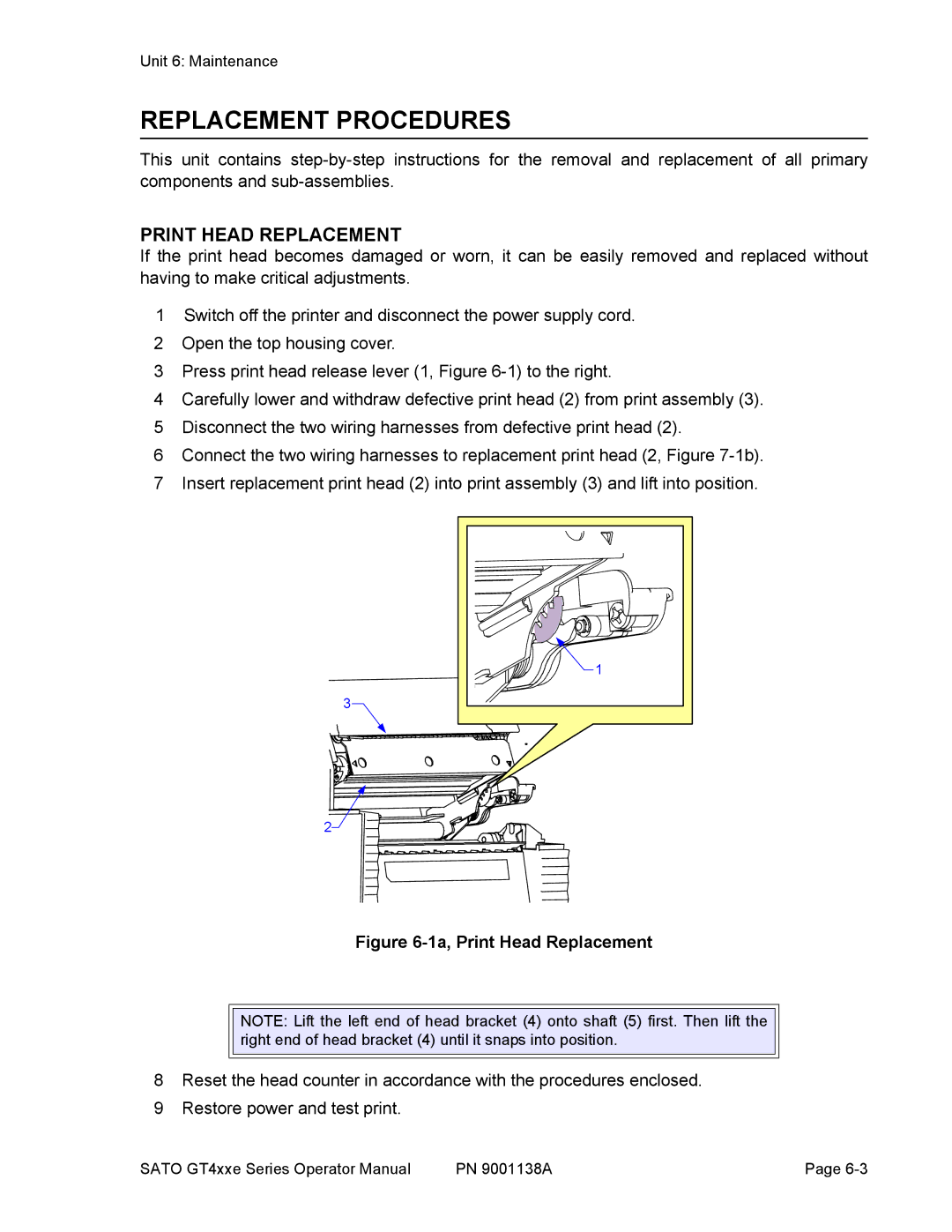 SATO GT408, GT 424e, GT 410 manual Replacement Procedures, Print Head Replacement 