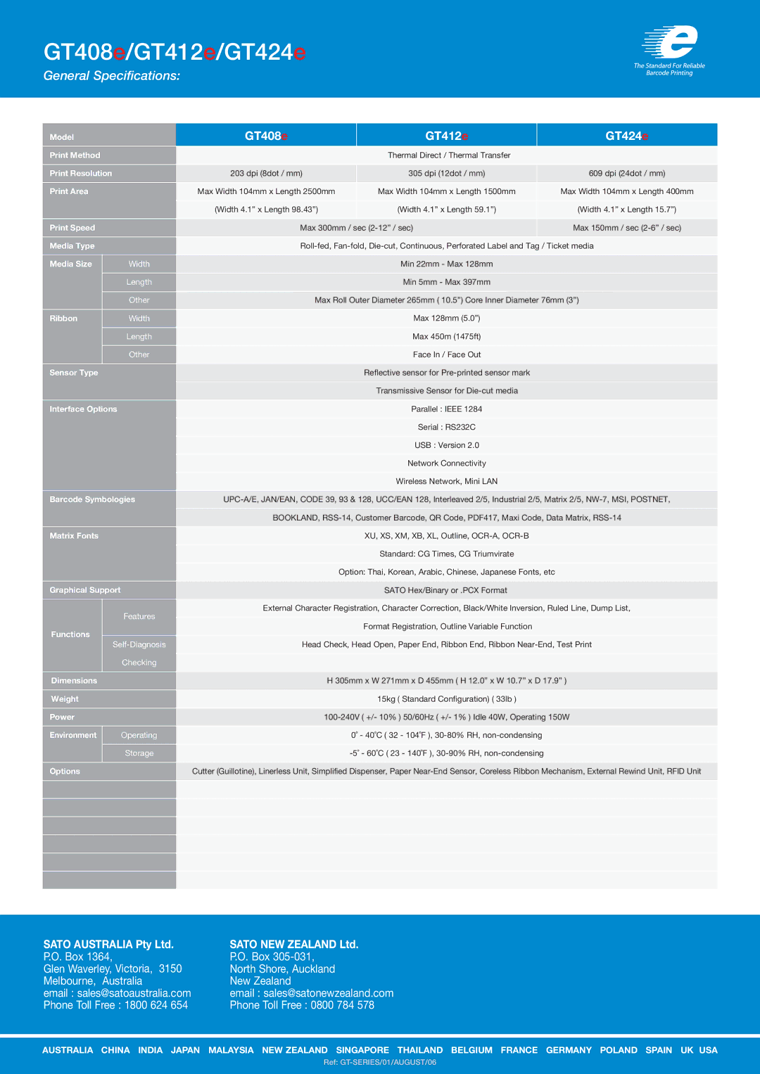 SATO GT Series Model, Print Method, Print Resolution, Print Area, Print Speed, Media Type, Media Size, Ribbon, Sensor Type 