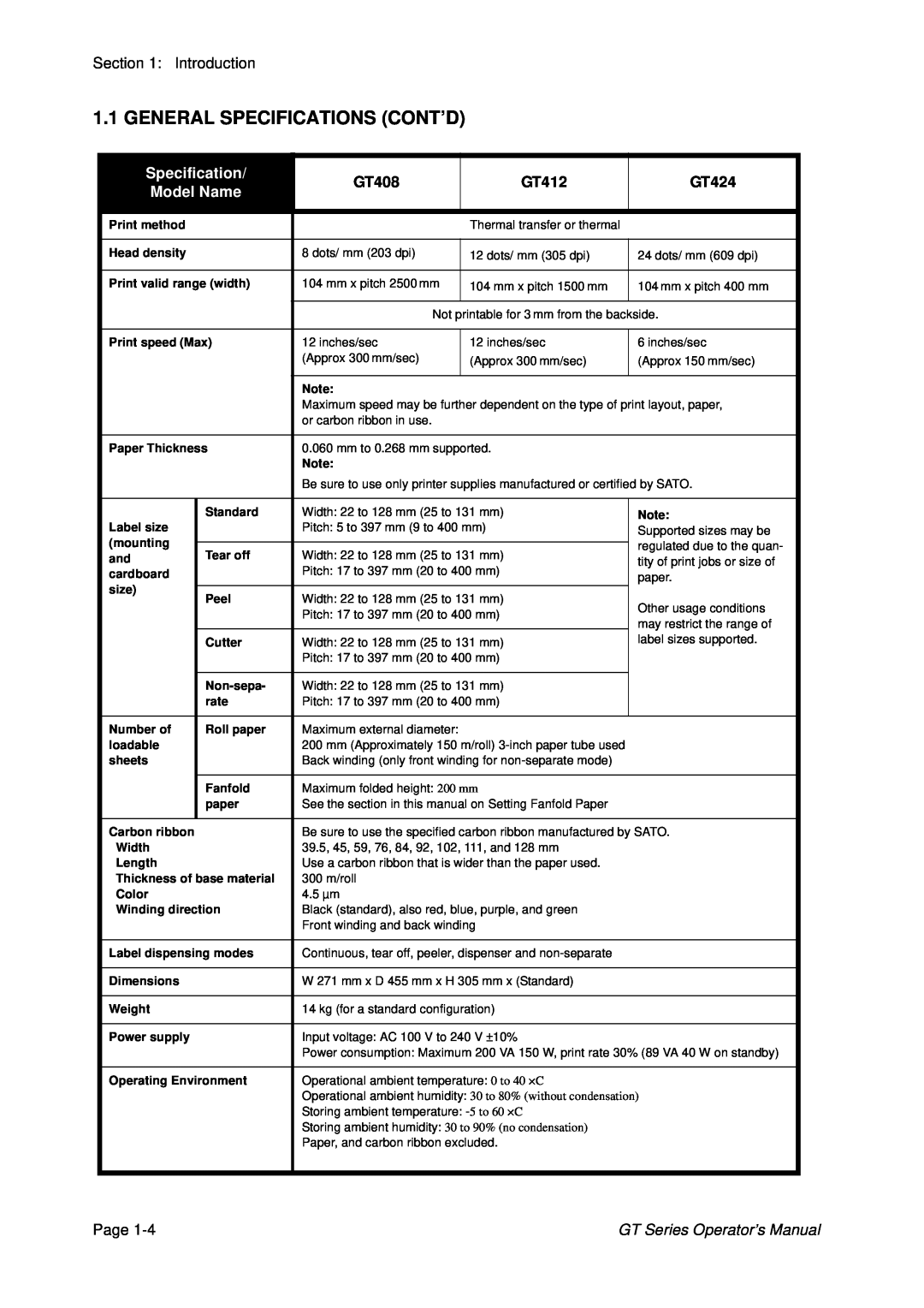 SATO GT424 manual General Specifications Cont’D, GT408, GT412, Model Name, GT Series Operator’s Manual 