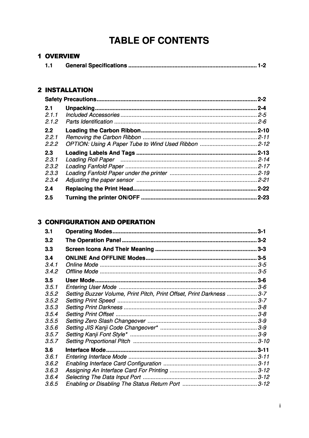 SATO GT424 manual Table Of Contents 