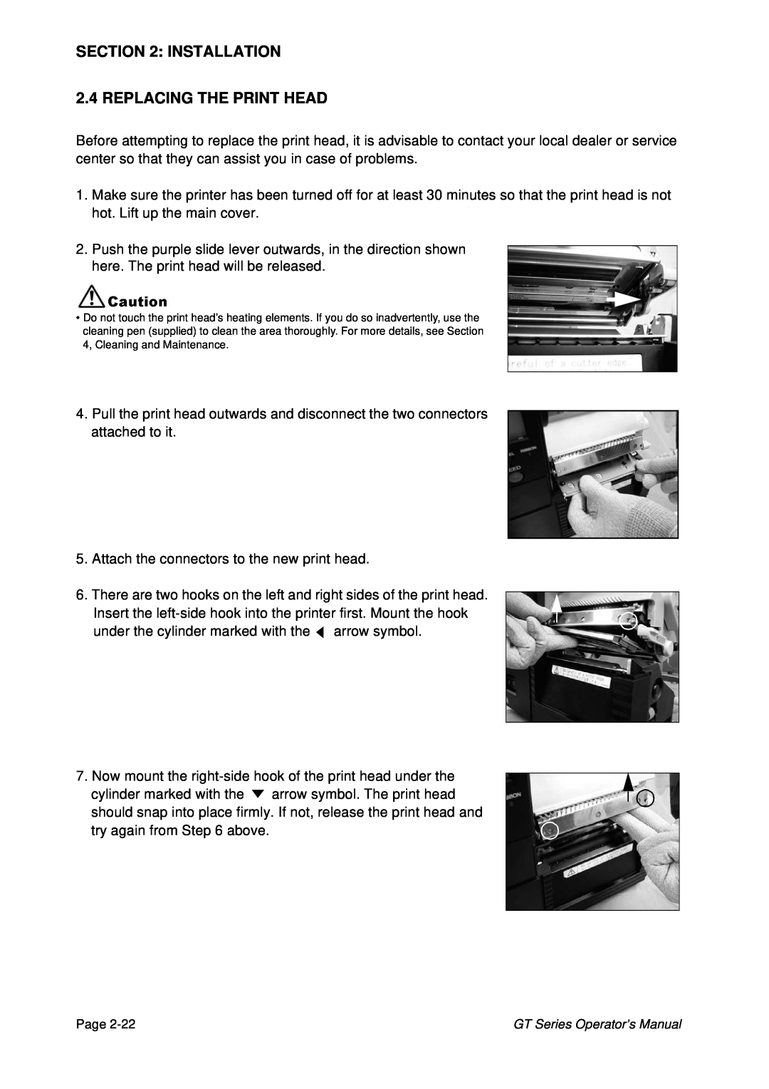 SATO GT424 manual INSTALLATION 2.4 REPLACING THE PRINT HEAD 