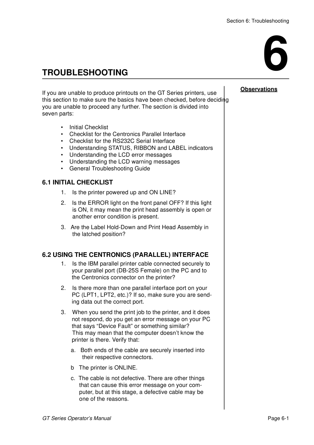 SATO GT424 manual Initial Checklist, Using the Centronics Parallel Interface, Observations 