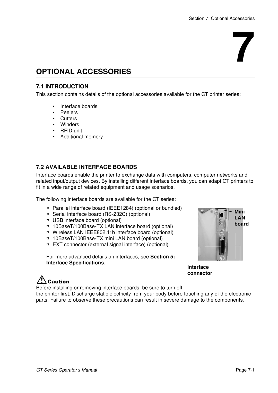 SATO GT424 manual Available Interface Boards, Interface Specifications Interface connector Mini LAN board 