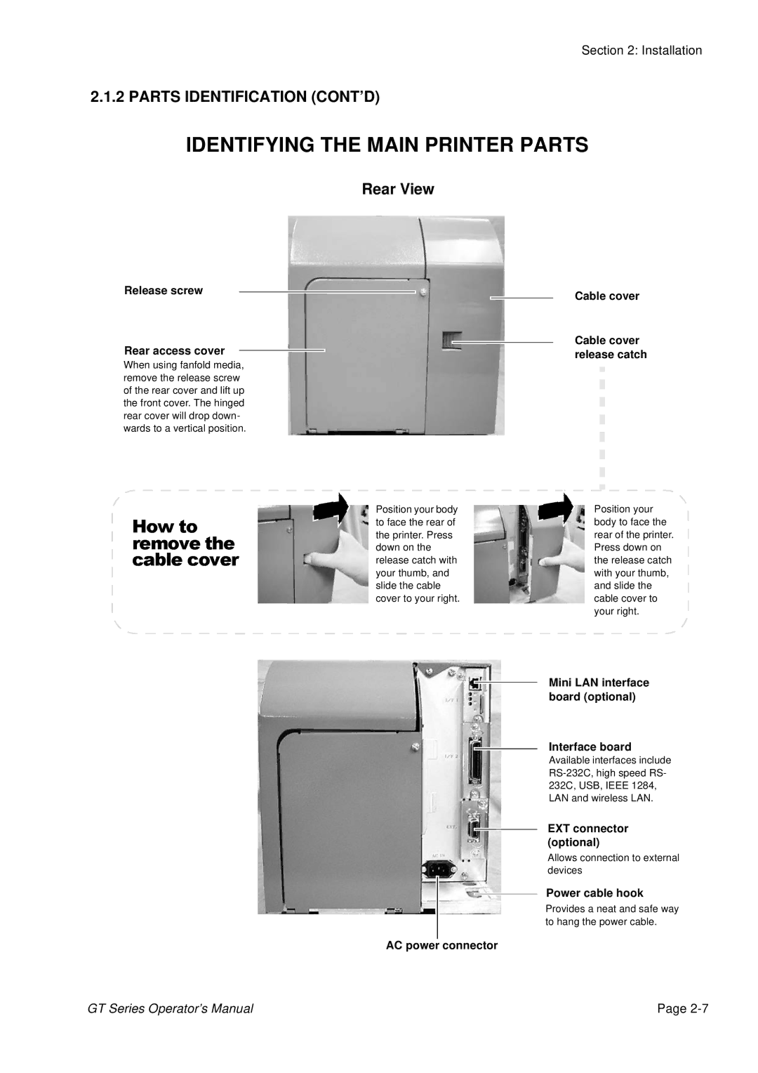 SATO GT424 manual Parts Identification CONT’D, Rear View 