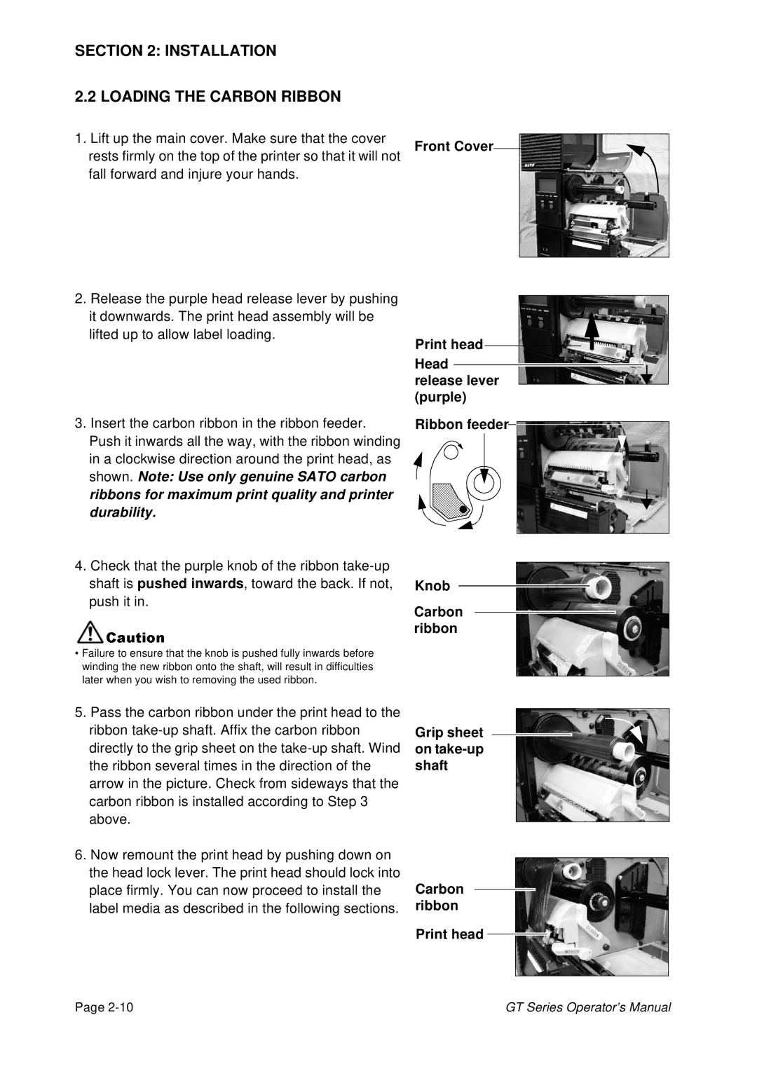 SATO GT424 manual Installation Loading the Carbon Ribbon, Front Cover, Ribbon feeder, Carbon ribbon 