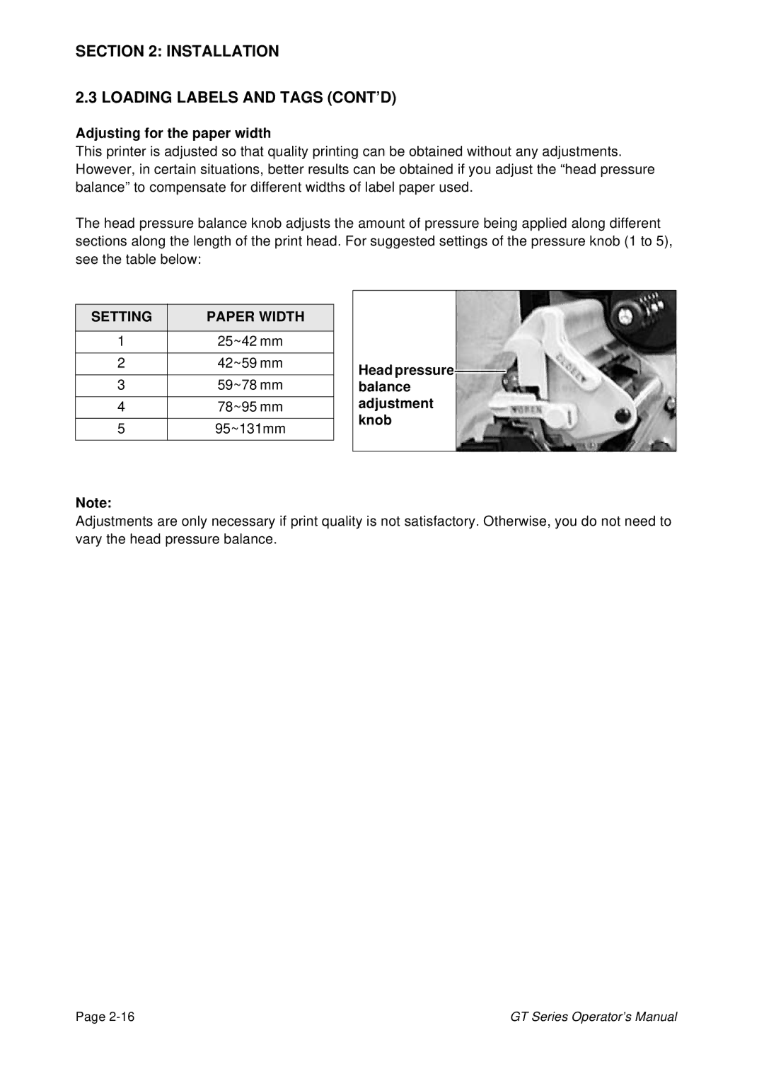 SATO GT424 manual Adjusting for the paper width, Head pressure balance adjustment Knob 