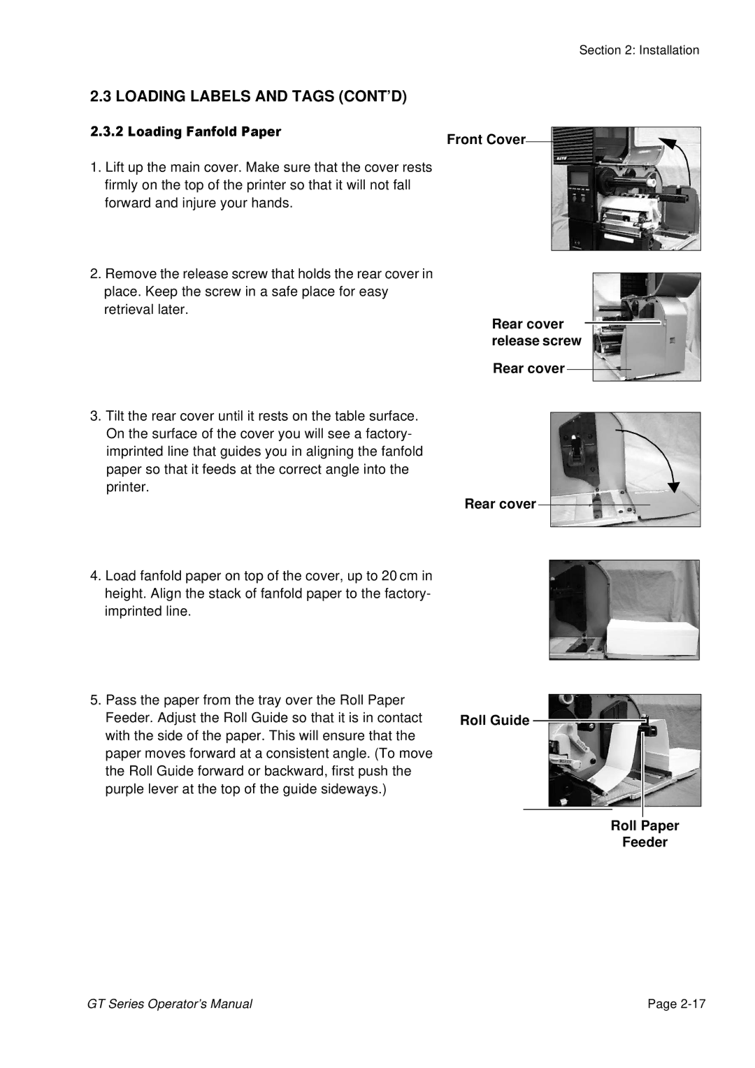 SATO GT424 manual Rear cover release screw, Roll Paper Feeder 