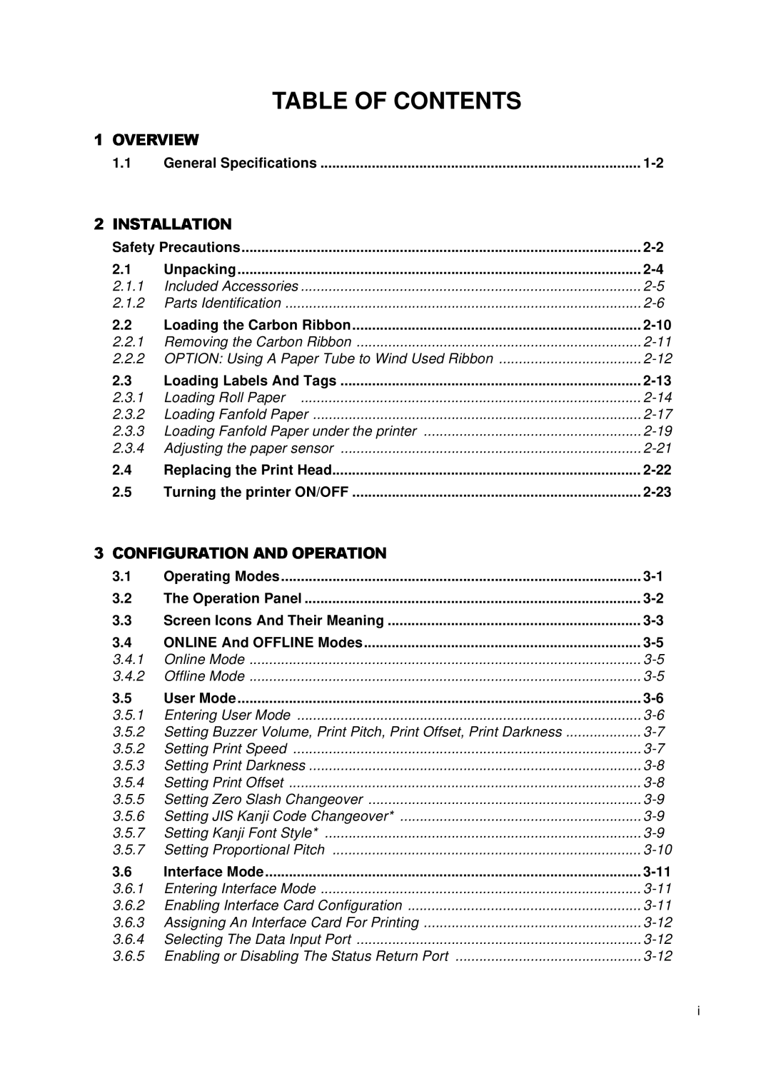 SATO GT424 manual Table of Contents 