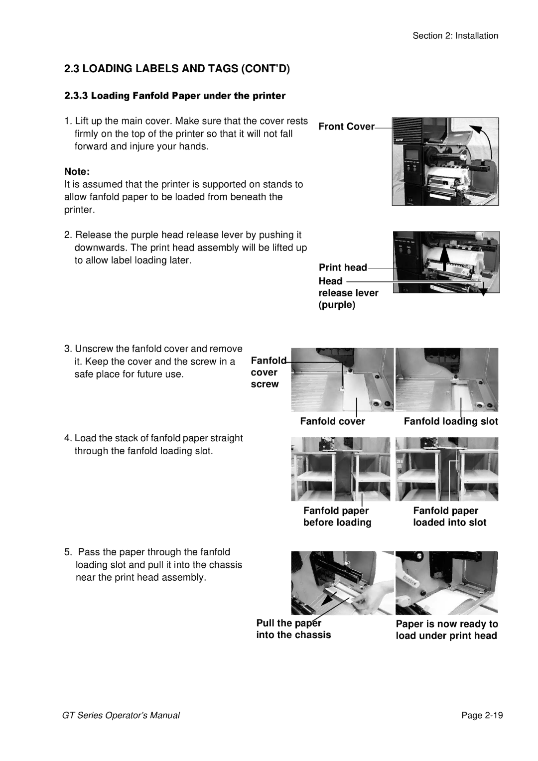 SATO GT424 manual Safe place for future use, Cover Screw Fanfold cover Fanfold loading slot, Fanfold paper Before loading 