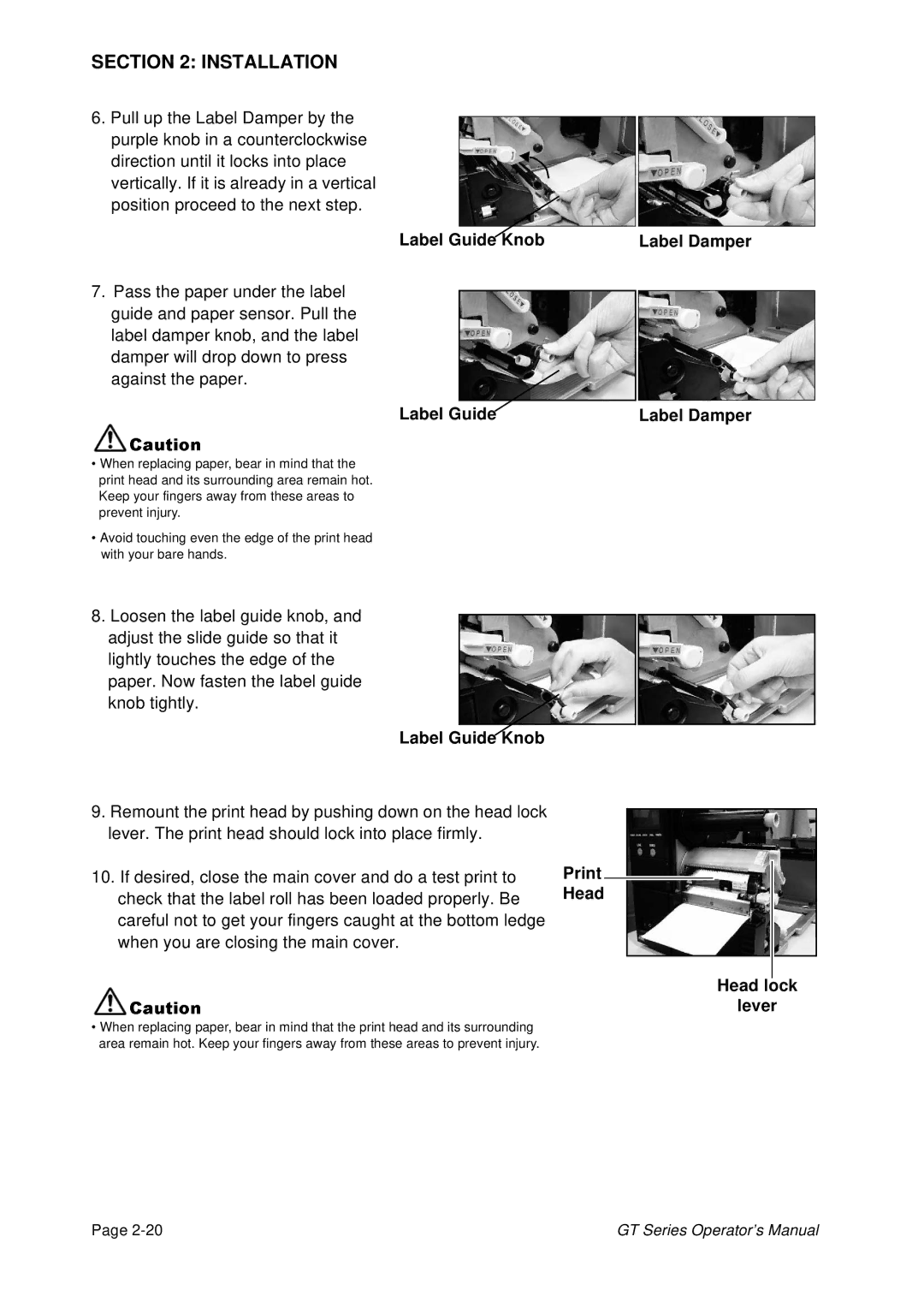 SATO GT424 manual Label Guide Knob Label Damper, Label Guide Label Damper, Head lock Lever 