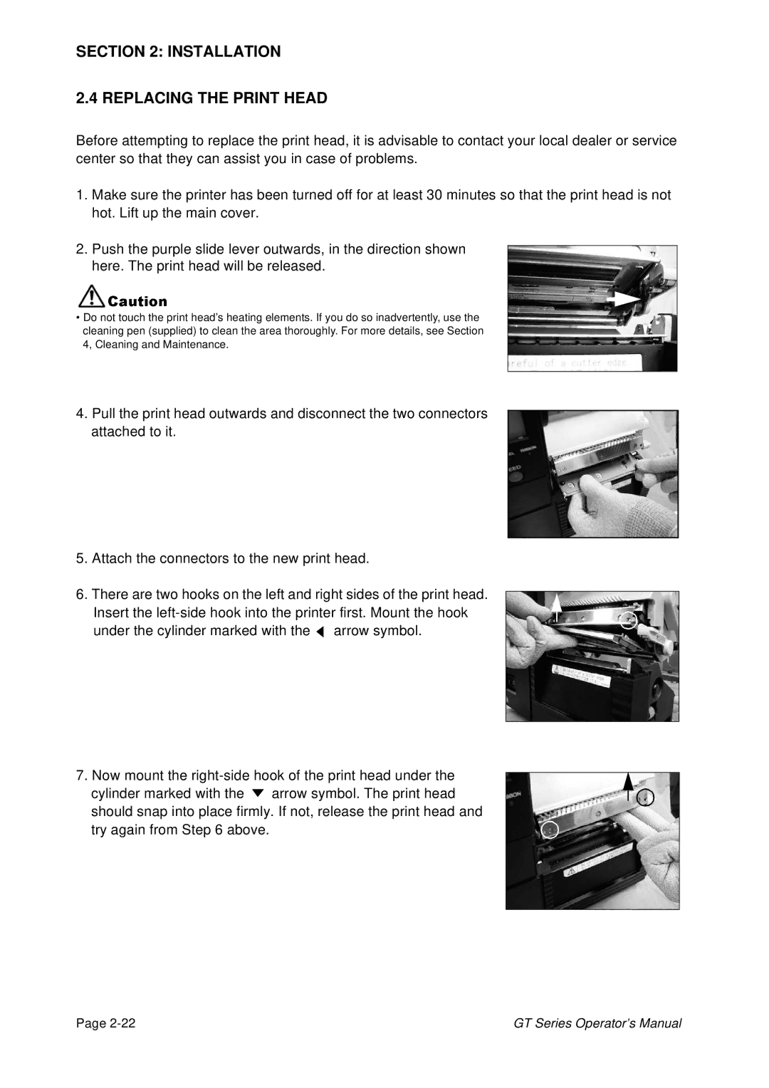 SATO GT424 manual Installation Replacing the Print Head 