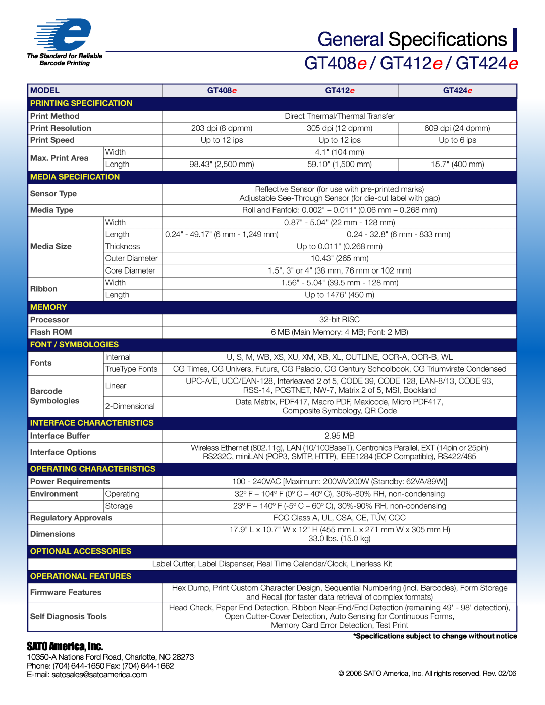 SATO GT4e manual General Specifications, GT408e / GT412e / GT424e, SATOAmerica,Inc, Model, Printing Specification, Memory 
