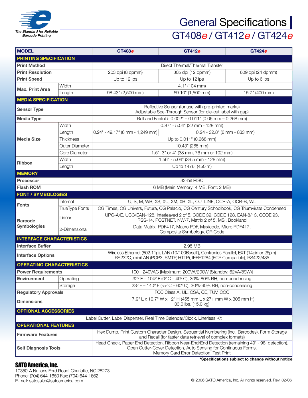 SATO GT4e manual Printing Specification, Media Specification, Memory, Font / Symbologies, Interface Characteristics 