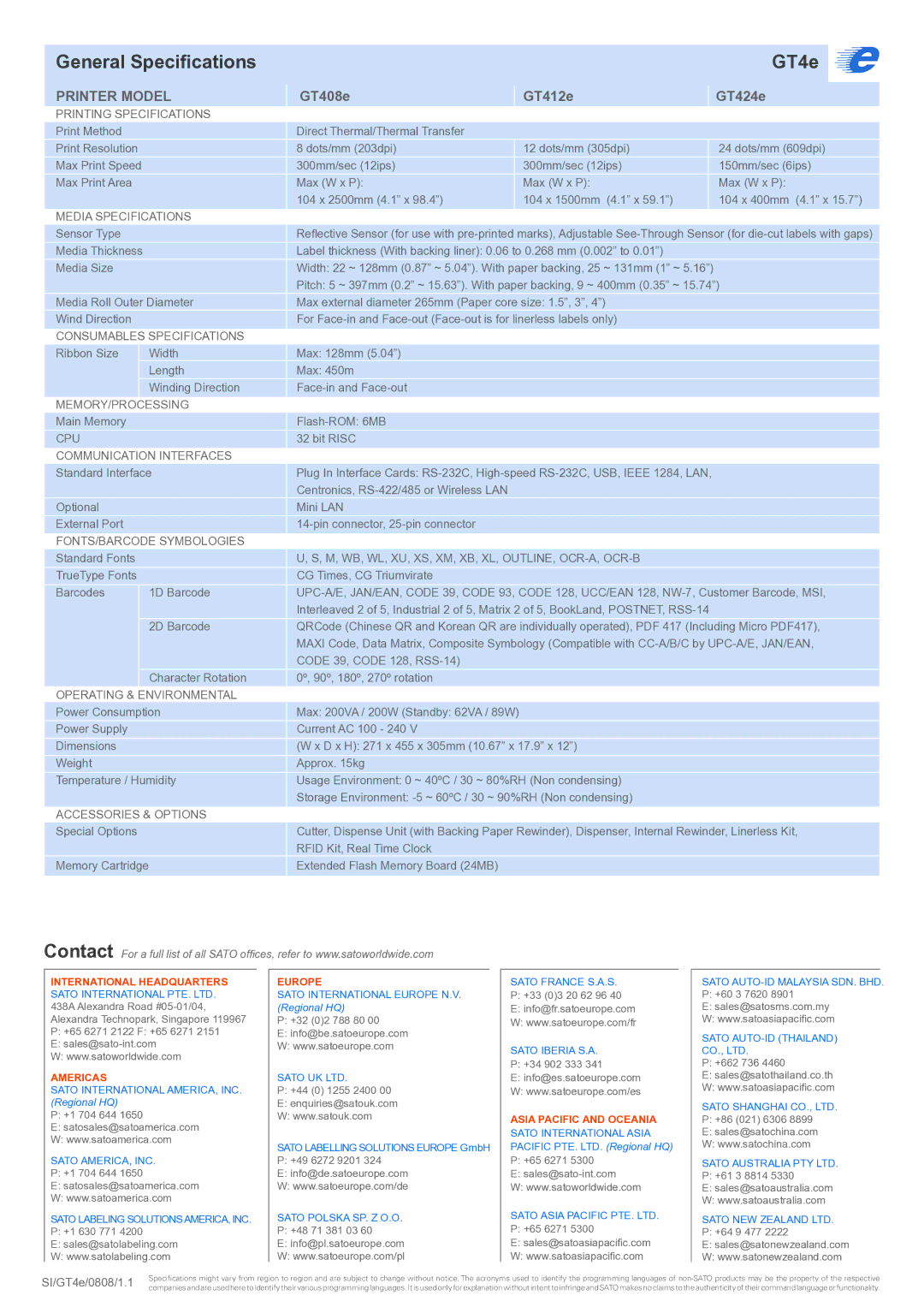 SATO GT4eSeries manual Printing Specifications, Media Specifications, Consumables Specifications, Memory/Processing, Cpu 