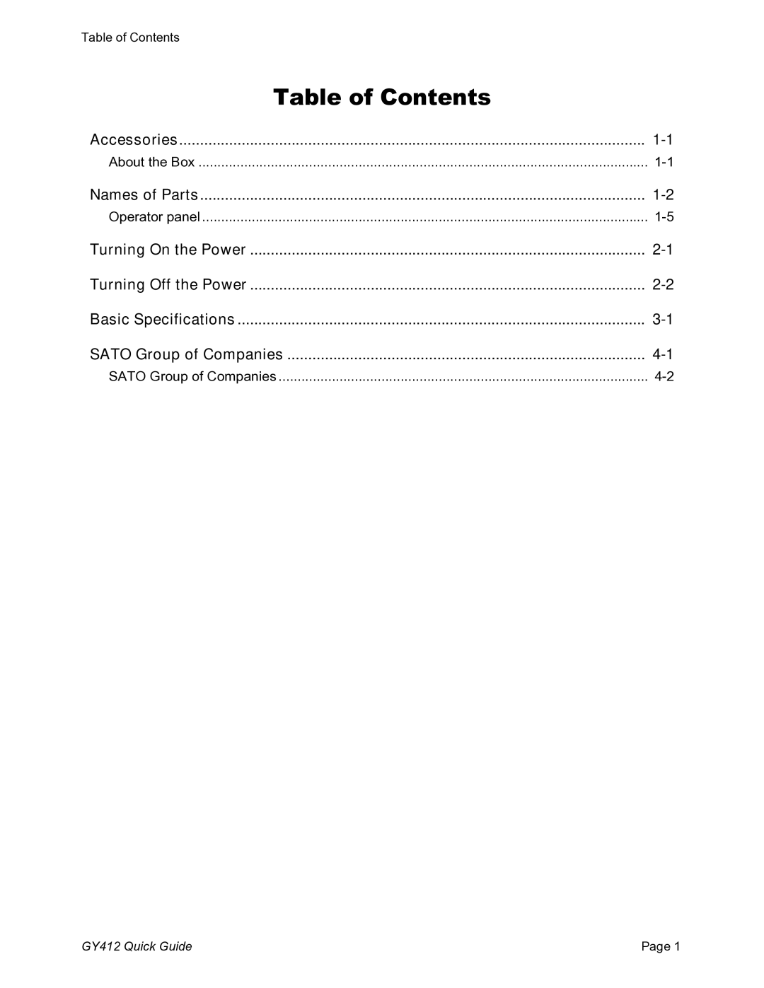 SATO GY412 manual Table of Contents 