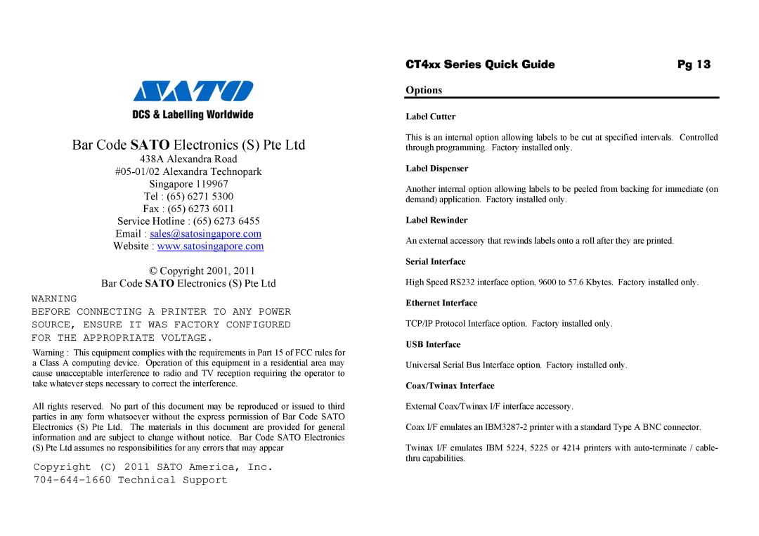 SATO label dispenser manual CT4xx Series Quick Guide, Options 