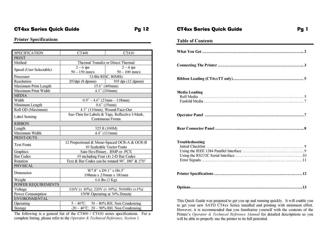 SATO label dispenser manual Printer Specifications, CT4xx Series Quick GuidePg, Table of Contents 