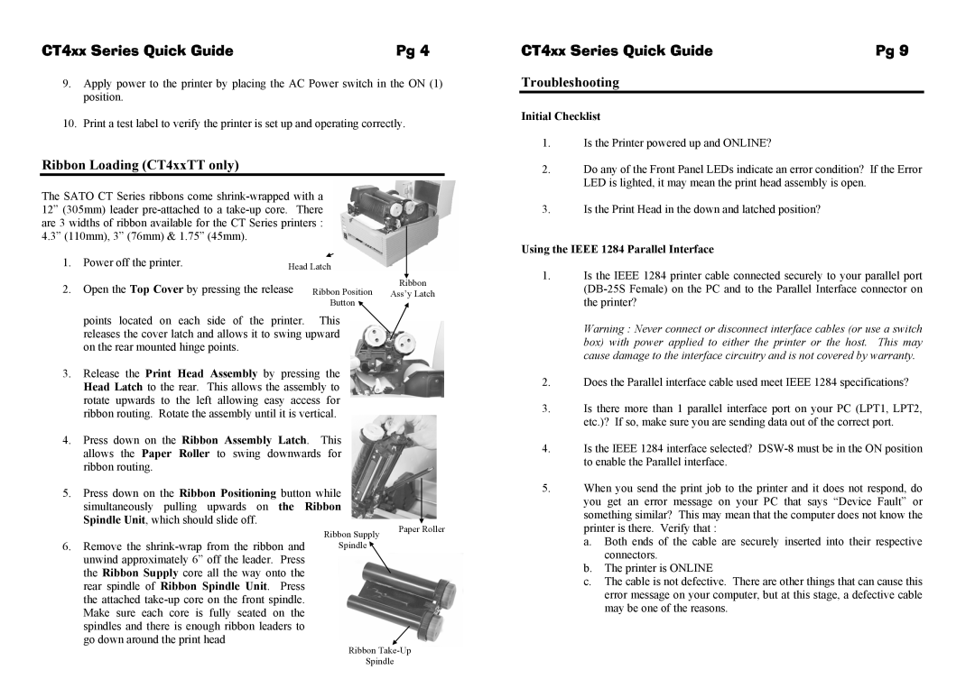 SATO label dispenser manual Ribbon Loading CT4xxTT only, Troubleshooting, Initial Checklist 