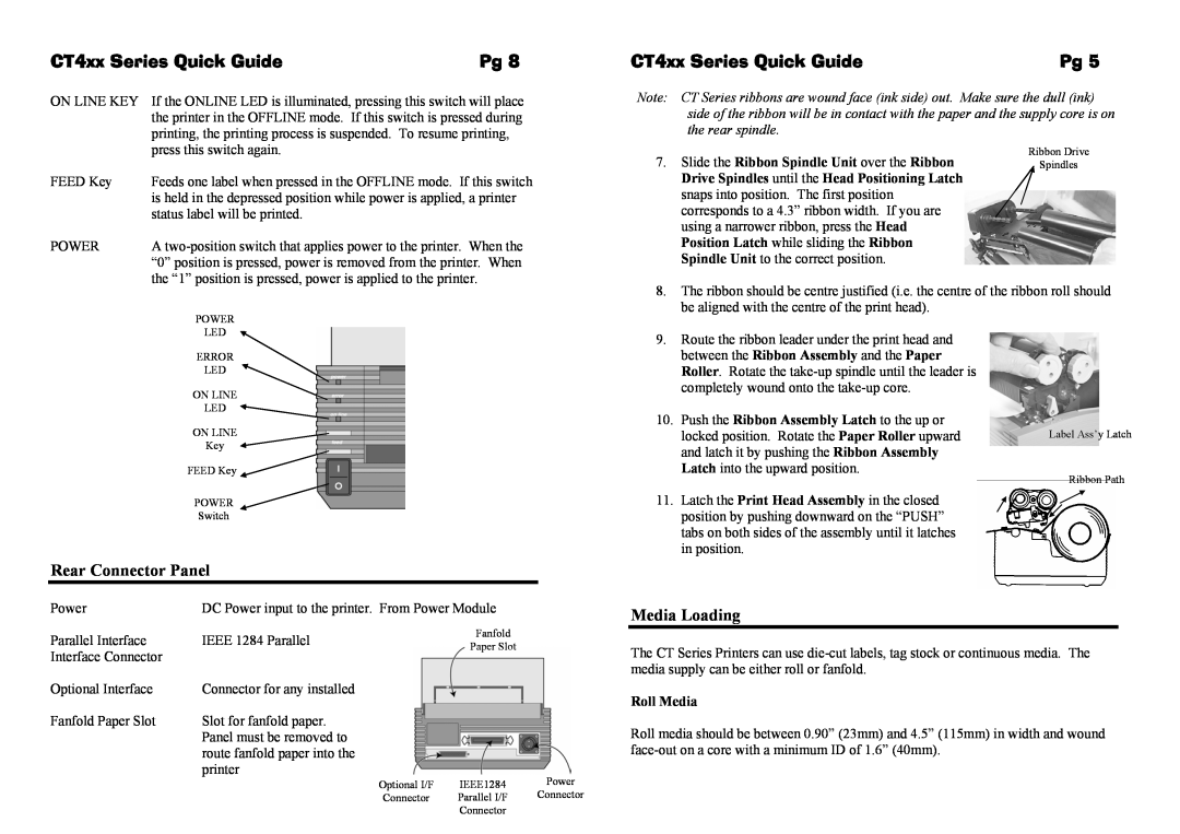 SATO label dispenser manual Rear Connector Panel, Media Loading, CT4xx Series Quick Guide, Roll Media 
