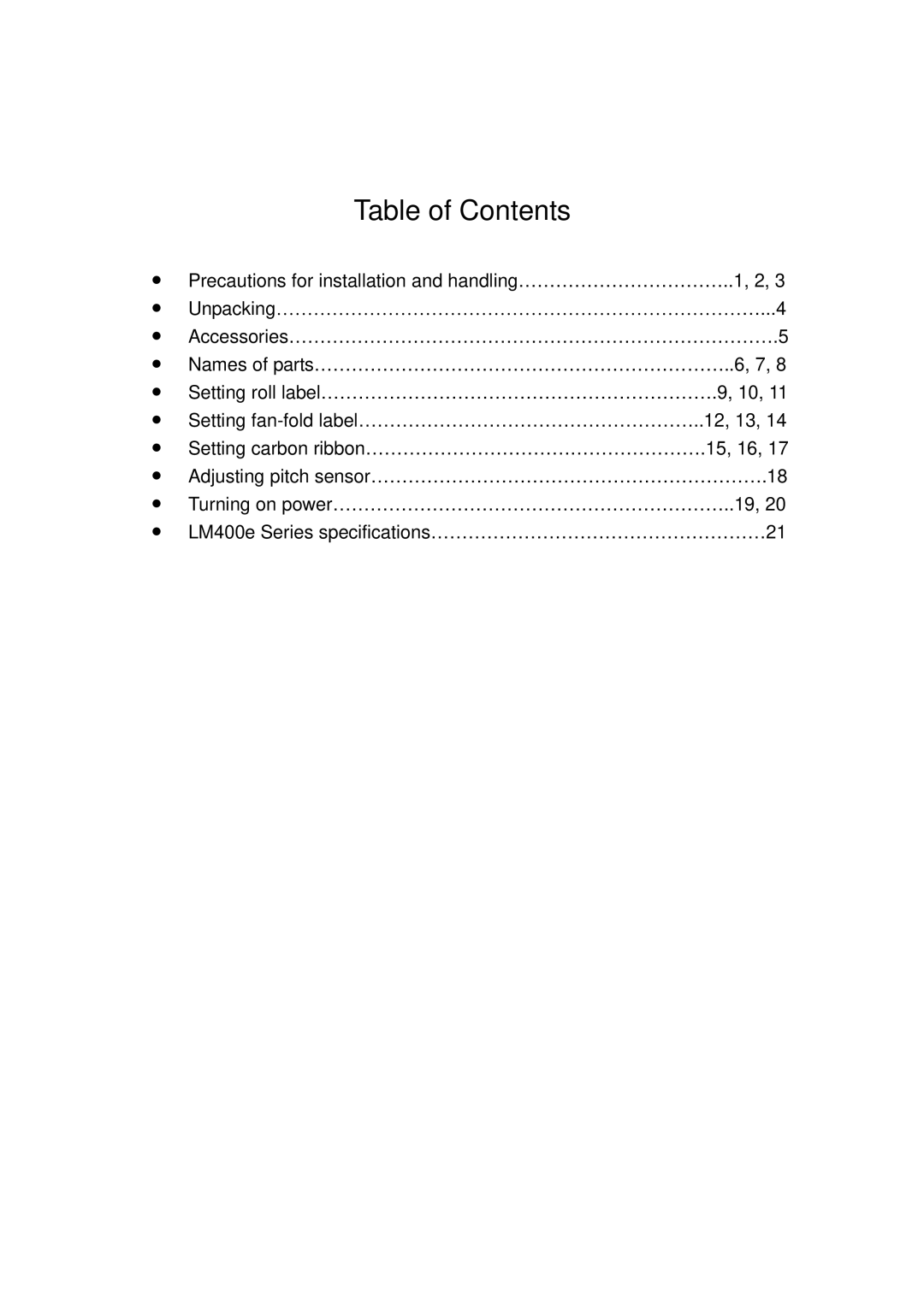 SATO LM400E manual Table of Contents 