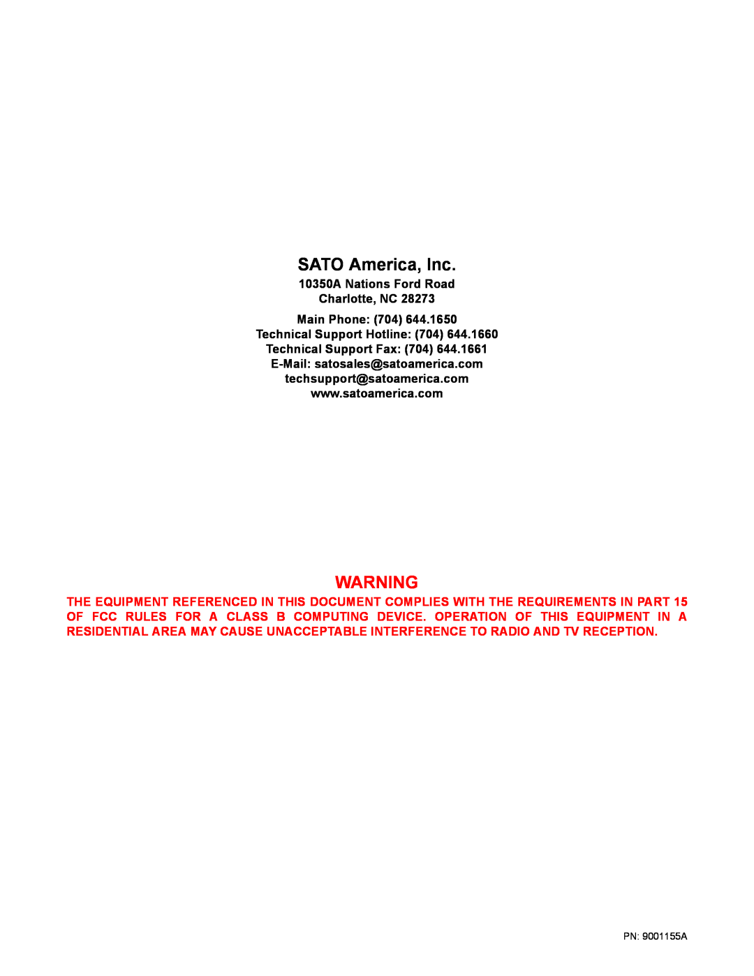 SATO LM408/412E manual SATO America, Inc, 10350A Nations Ford Road Charlotte, NC Main Phone 704 