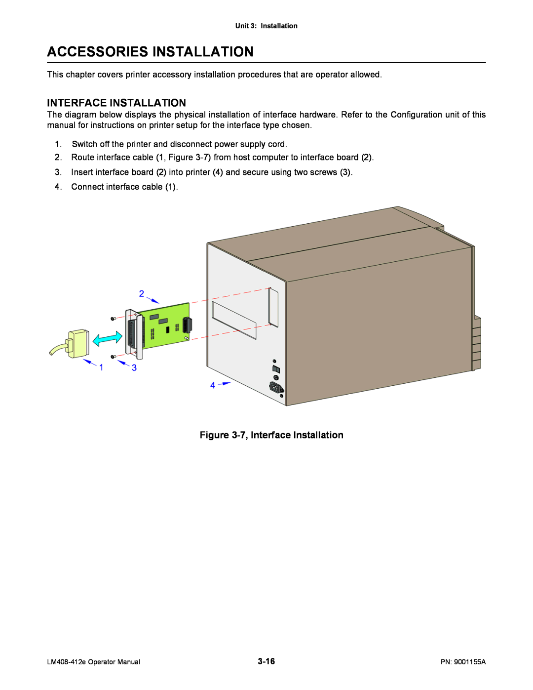 SATO LM408/412E manual Accessories Installation, Interface Installation 